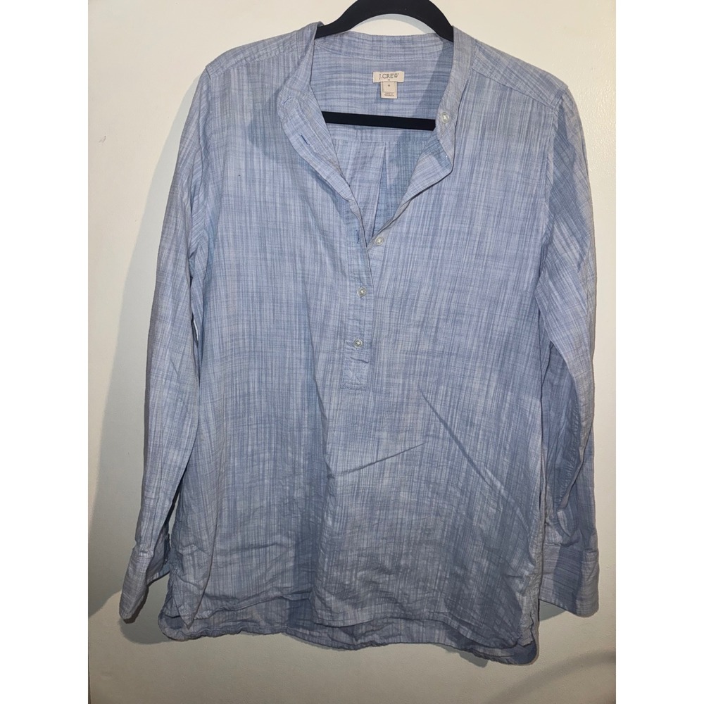 J.Crew Blue Cotton Crosshatch Popover Slub Roll Tab Sleeve Tunic Top Pockets M